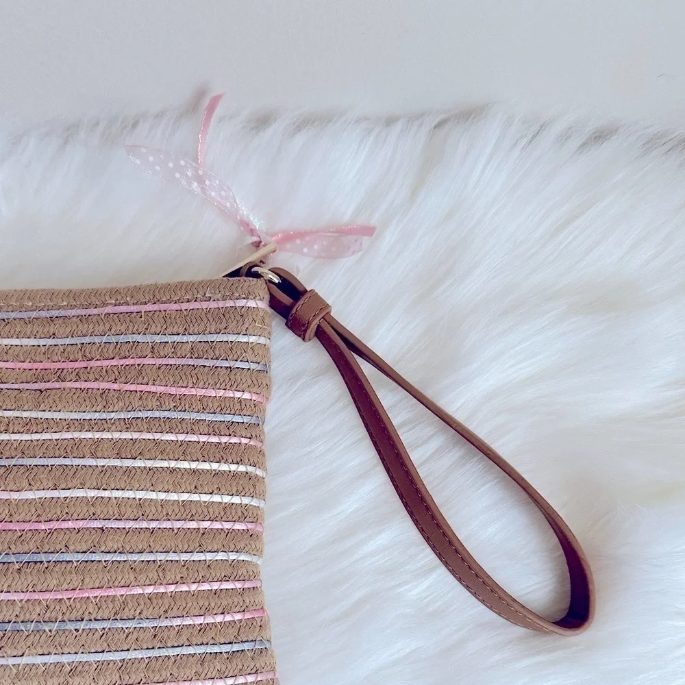Woven Rattan Clutch Purse/Jewelry Bag with Pink and Blue Ribbon **Like New**